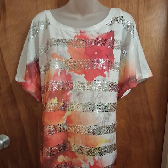Lane Bryant women's white pink sequined blouse top bling floral print size 22/24 - Picture 1 of 6